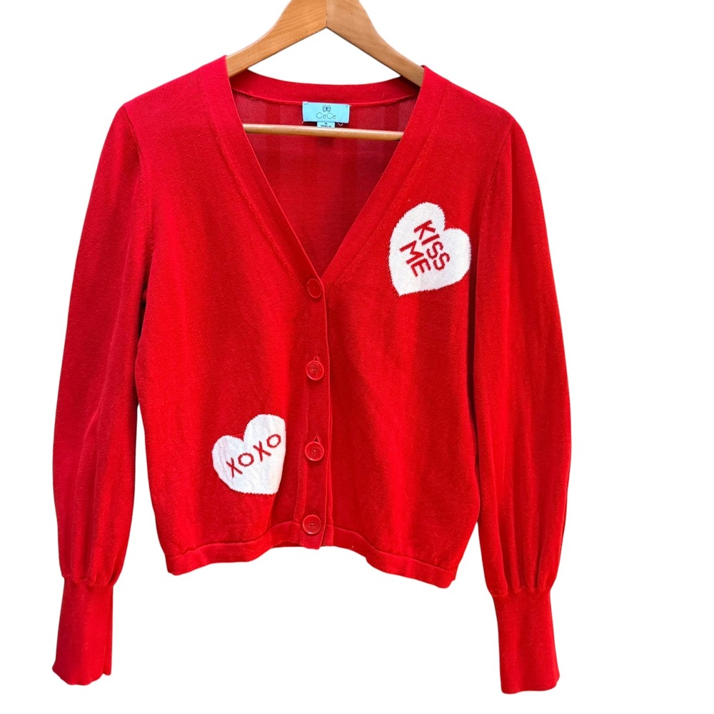 CeCe Cardigan Women Medium Red Kiss Me XOXO‎ Heart Intarsia Button Front Sweater